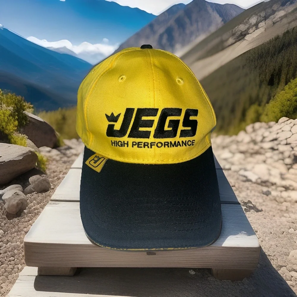 JEGS HIGH PERFORMANCE Yellow Black Baseball Hat Adjustable Strapback Can Cooler